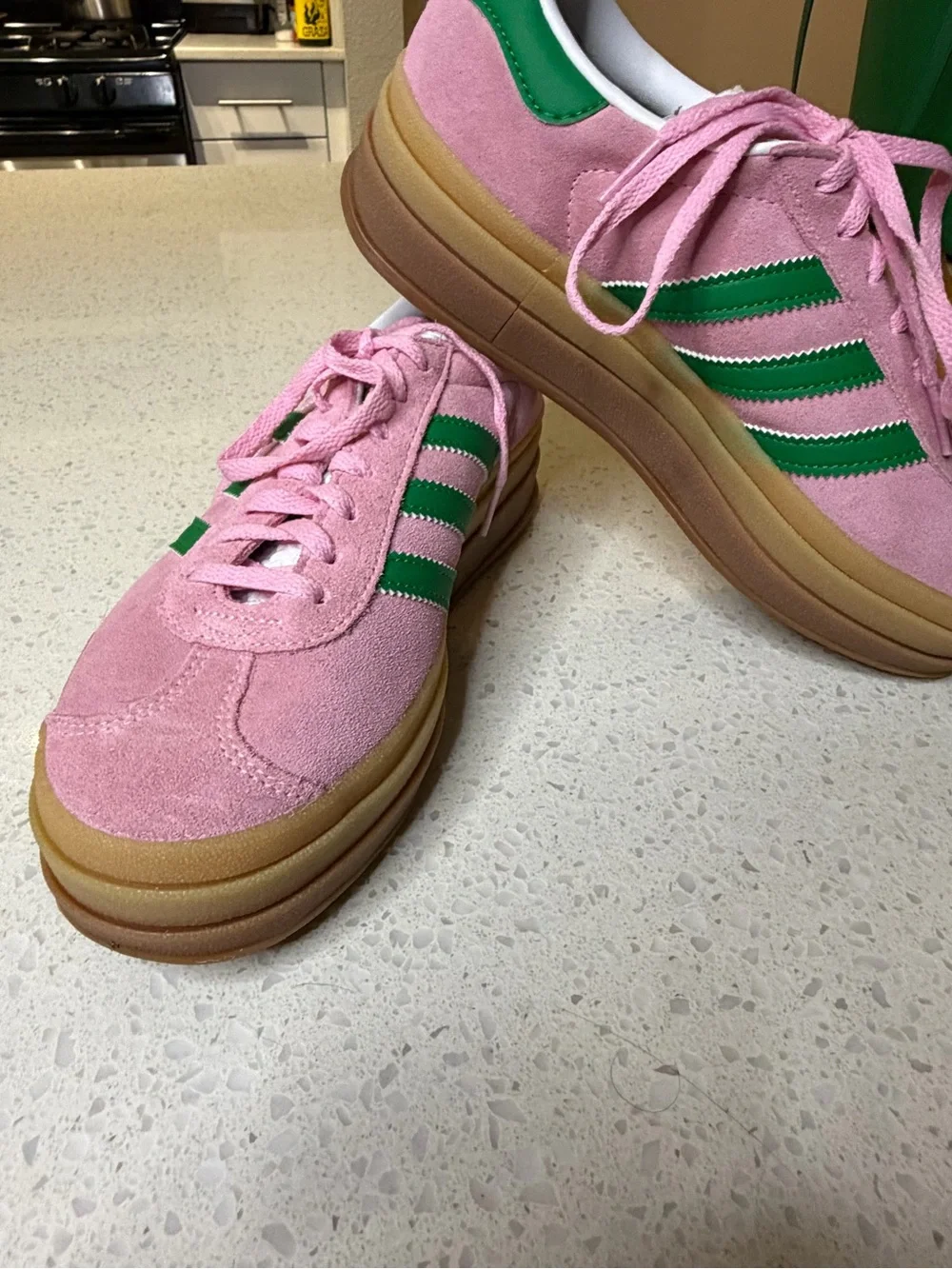 adidas Originals Pink Suede Trainers with Green Stripes - Picture 2 of 5